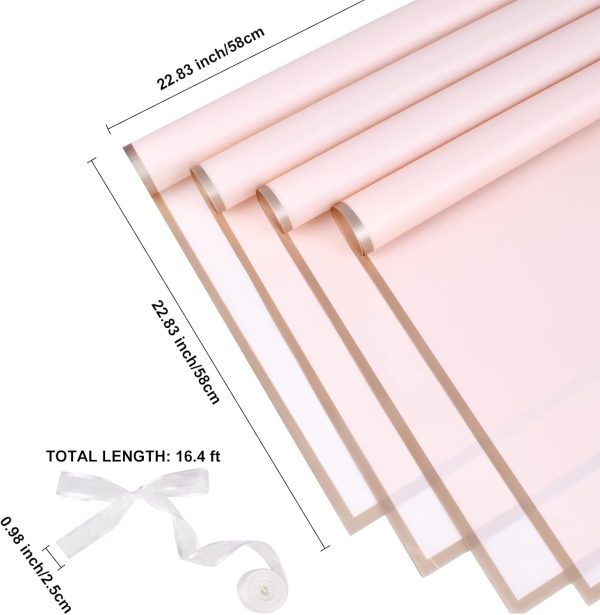 20 Sheets Flower Wrapping Paper Waterproof Florist Bouquet with Ribbon for Bouquets DIY Crafts Packaging Bouquet, 22.8x22.8 inch (Pink) - Image 2
