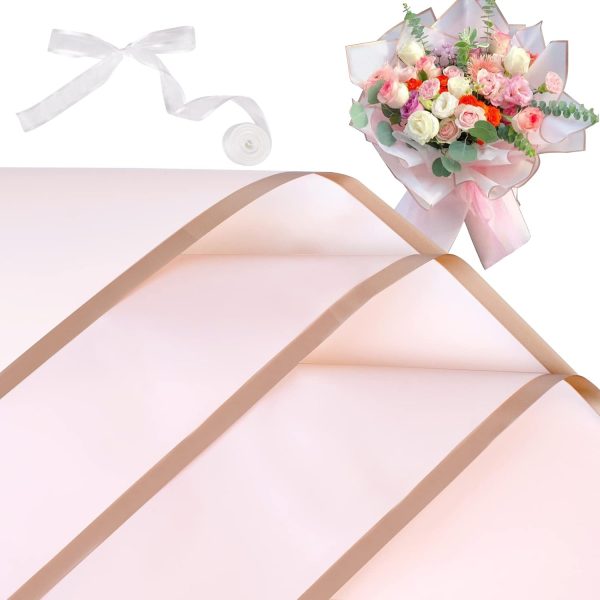 20 Sheets Flower Wrapping Paper Waterproof Florist Bouquet with Ribbon for Bouquets DIY Crafts Packaging Bouquet, 22.8x22.8 inch (Pink)
