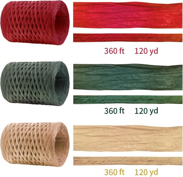 Raffia Ribbon Red Green Natural 3 Rolls 1080 Feet, 360 Feet Each Roll, Paper Twine Wrapping Ribbon for Christmas - Image 2