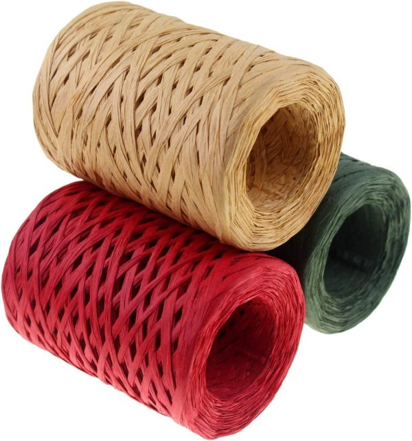 Raffia Ribbon Red Green Natural 3 Rolls 1080 Feet, 360 Feet Each Roll, Paper Twine Wrapping Ribbon for Christmas