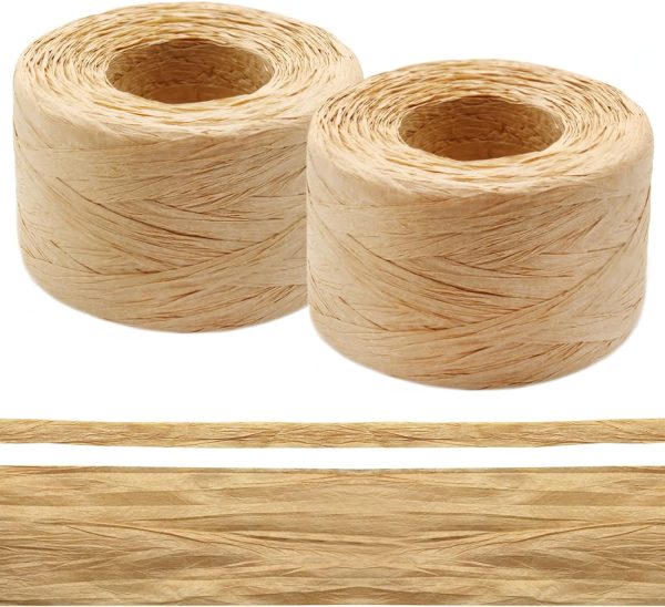 2 Rolls Natural Raffia Paper Ribbon Matte Twine Raffia Ribbon Paper Decorative String for Festival Gift Wrapping, Crafts and DIY 1/4" Wide by 330 Feet Each Roll (Natural Color)