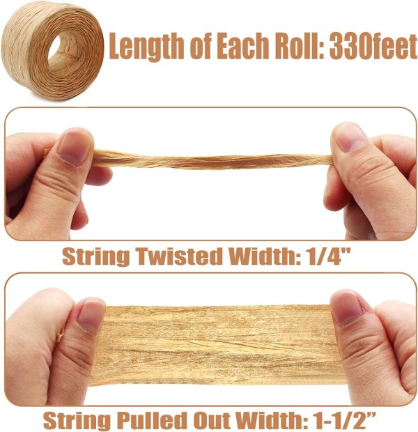 2 Rolls Natural Raffia Paper Ribbon Matte Twine Raffia Ribbon Paper Decorative String for Festival Gift Wrapping, Crafts and DIY 1/4" Wide by 330 Feet Each Roll (Natural Color) - Image 2
