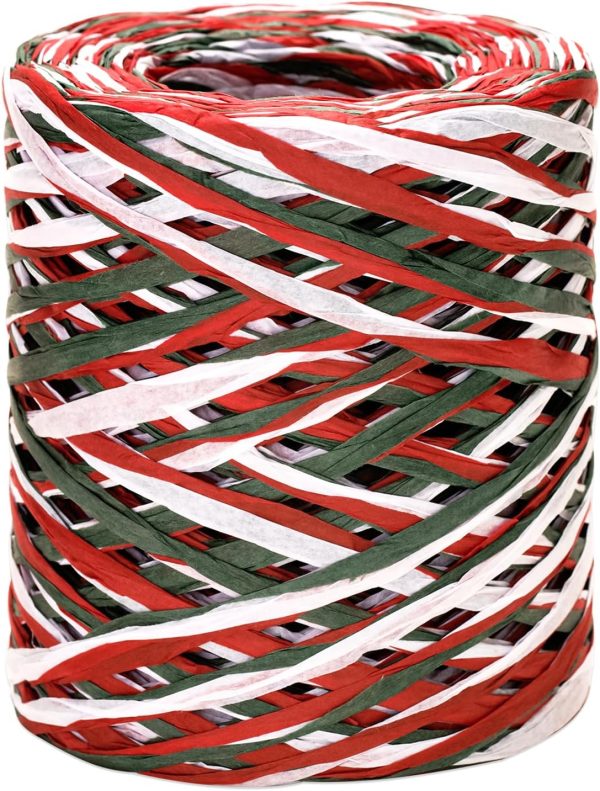 Christmas Raffia Ribbon, 525 Feet Colored Raffia Paper Ribbon, Matte White Red Green Packing Paper String for Gift Wrapping, DIY Crafts, Holiday Decoration