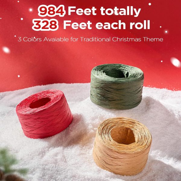 3 Roll Raffia Ribbon String, 984 Feet Wrapping Raffia Paper String Ribbon Packing Paper Twine for Craft DIY Supply Christmas, 328Feet Each Roll - Image 2